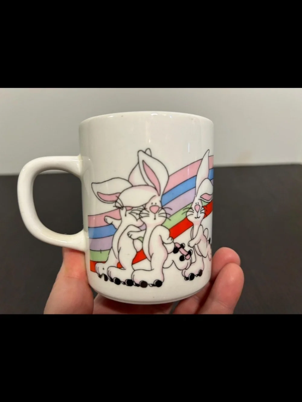 Vintage Roller Skating Bunnies/Rabbits with Rainbow Coffee Mug/Coffee Cup 1980s